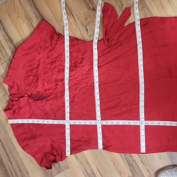 Vtg STYLEWORKS Red Floral Silk Japanese Inspired Keyhole Waist Tie Midi Dress - Picture 12 of 14